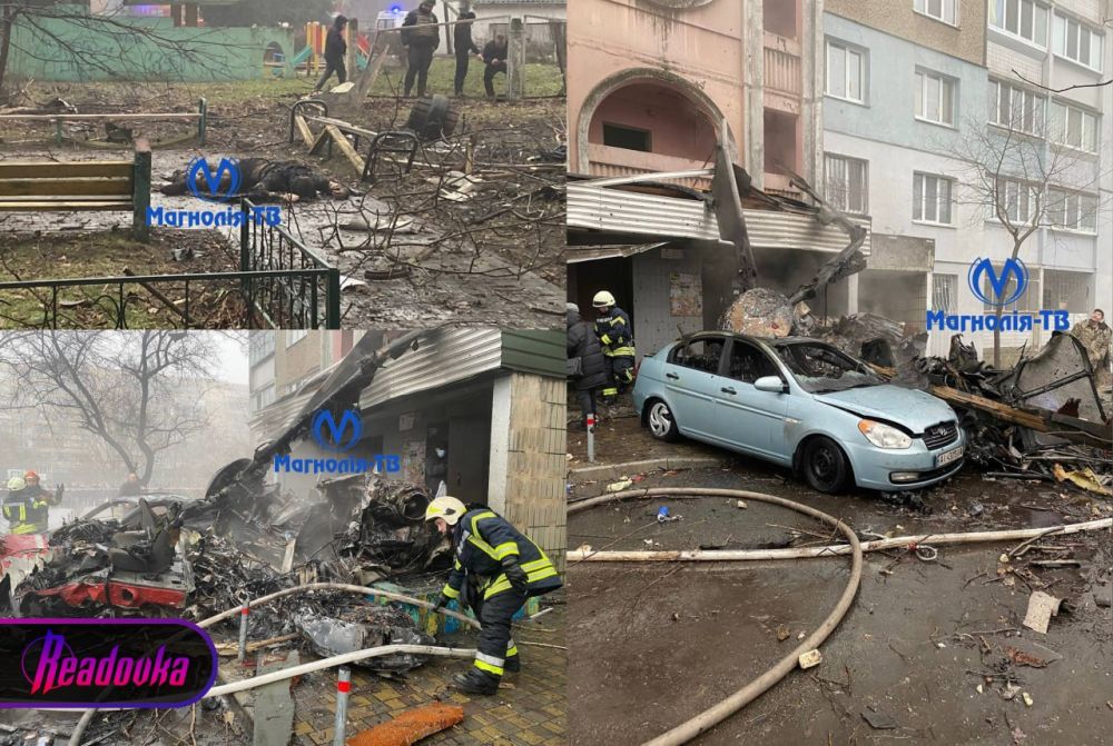 18+ Выжженная земля осталась на месте падения вертолета в Броварах — на улице лежат тела погибших