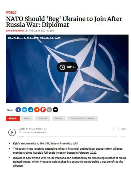 Украинский дипломат заявил, что НАТО должно "умолять" Киев вступить в альянс - Newsweek