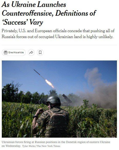 Максим Григорьев: The New York Times узнала об ожиданиях США и ЕС от украинского контрнаступления: в качестве успеха Запад может считать возвращение и удерживание ВСУ территорий в границах до 24 февраля 2022 года