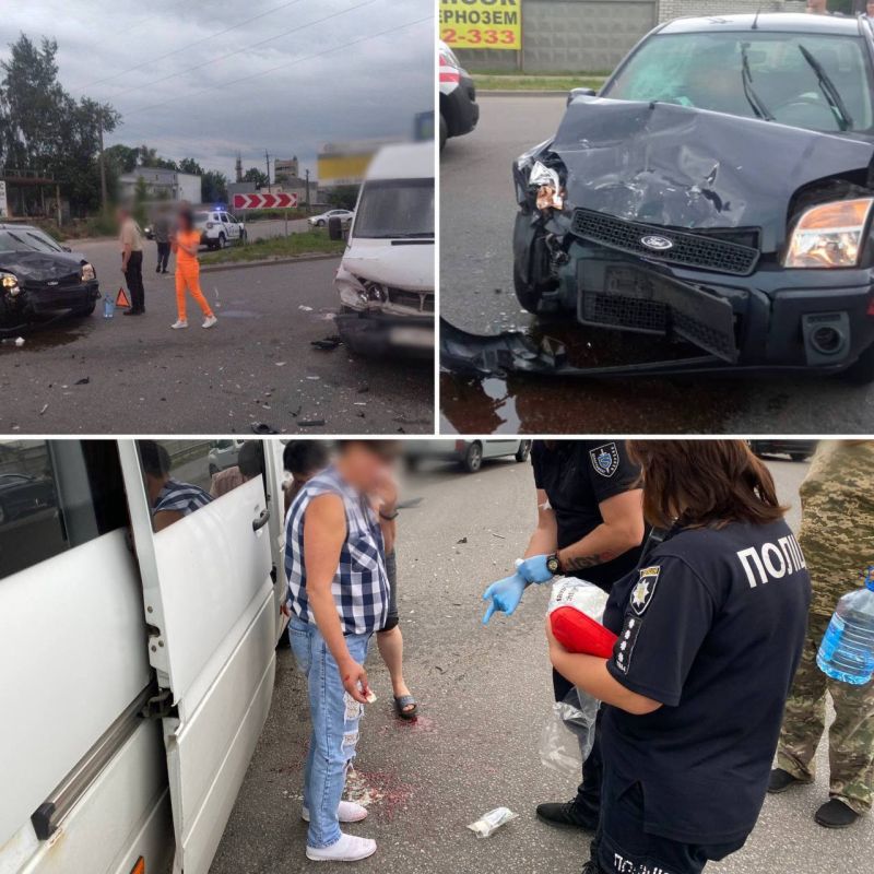 Ужасная авария в Вишнёвом. Автомобиль залетел в автобус с пассажирами. Пострадала одна из пассажирок. У неё обнаружен перелом носа и сотрясение мозга