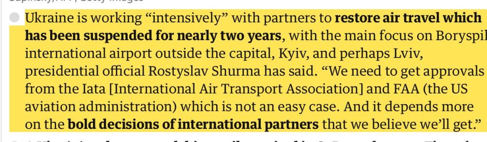 Украина "интенсивно" работает с партнерами над восстановлением авиасообщения, уделяя основное внимание международному аэропорту "Борисполь" и, возможно, Львова — официальный представитель президента Ростислав Шурма