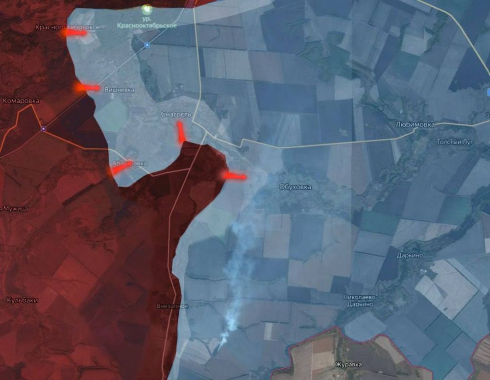 «На Курском направлении ВС РФ в ходе наступления отбросили ВСУ от Коренево, а также ведут бои за контролируемые ВСУ села Краснооктябрьское, Снагость и Апанасовка