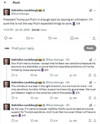 Экс-глава МИД Литвы призывает европейцев поддержать "ультиматум" Трампа Путину