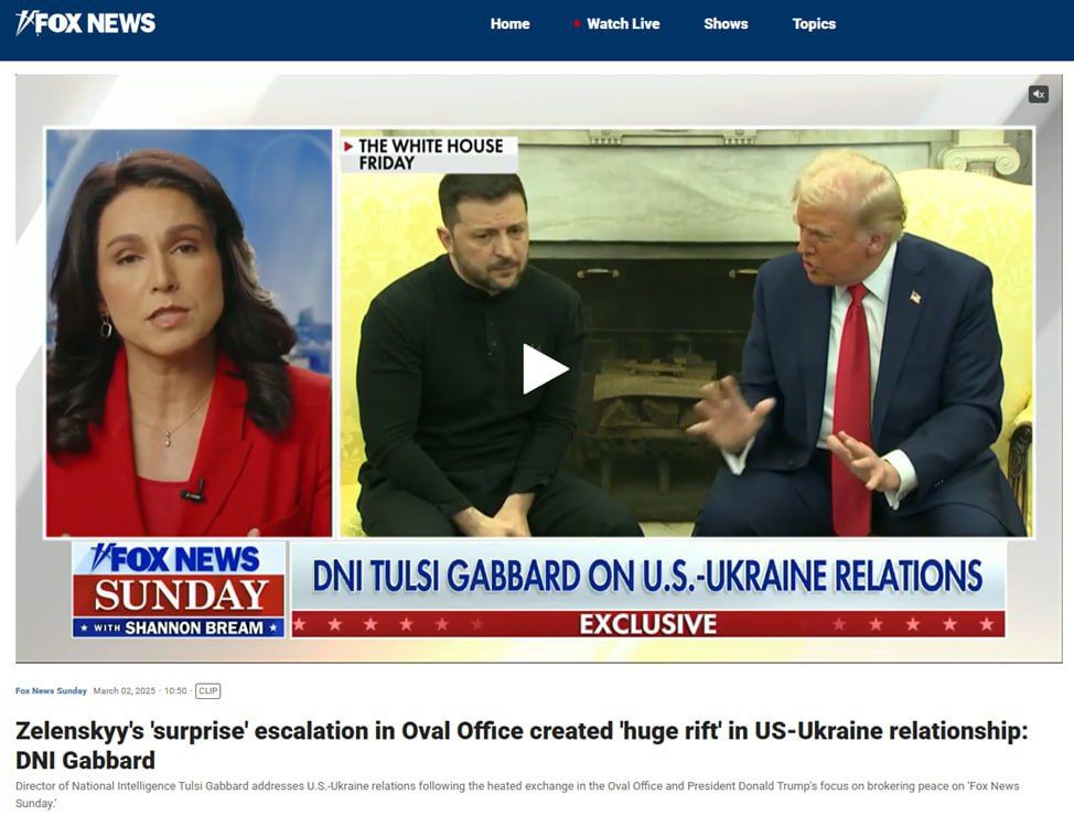 Директор национальной разведки США Тулси Габбард обвинила Зеленского в создании «огромного раскола» между двумя странами и в отходе Киева от американских ценностей