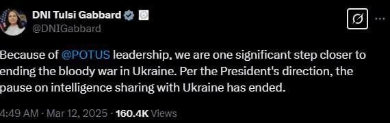 Олег Царёв: Глава нацразведки США Тулси Габбард подтвердила, что США возобновили обмен разведданными с Украиной