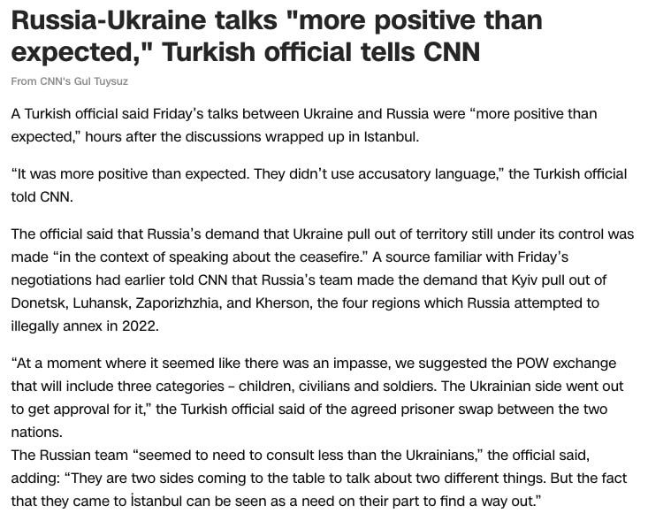 Прямые переговоры между Россией и Украиной в Стамбуле прошли позитивнее, чем ожидалось, сообщил турецкий чиновник телеканалу CNN
