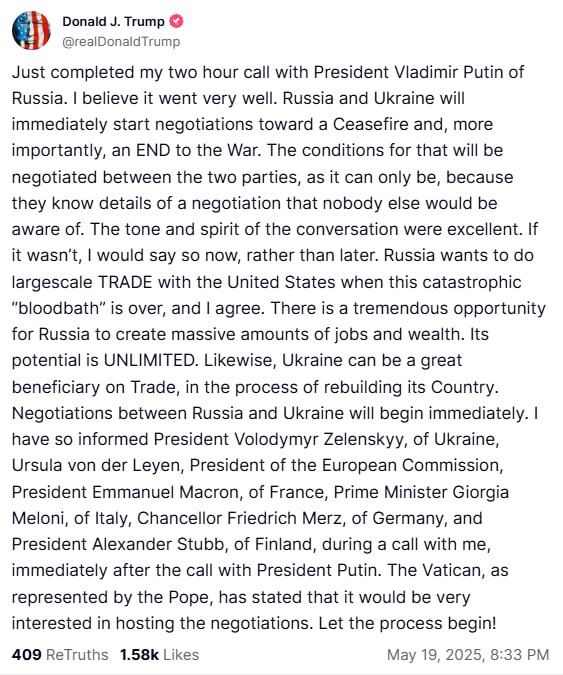 Трамп рассказал, что беседа с Путиным прошла очень хорошо