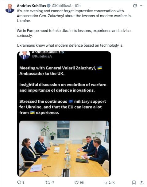 Еврокомиссар обороны сильно впечатлился встречей с Залужным