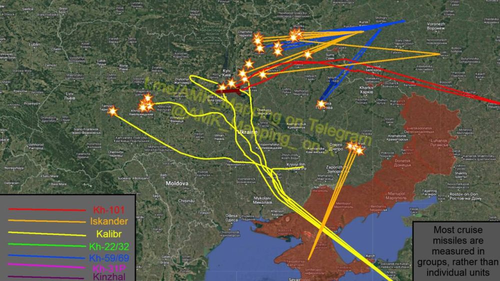 Обновлённая карта ударов крылатых и баллистических ракет, нанесённых по целям на территории Украины