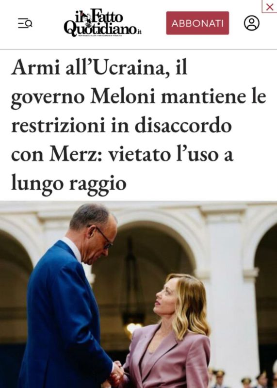 «Правительство Мелони сохраняет ограничения по оружию для Украины, несмотря на разногласия с Мерцем. Применение оружия на большие расстояния запрещено»: В Риме отказались дать разрешение Украине на удары вооружением дальнего...