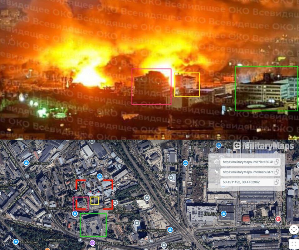 Киев Судя по опубликованному фото, часть прилётов по Киеву пришлись на ангары промзоны севернее БЦ FORUM Park Plaza, куда уже прилетало 6-го апреля (ФОТО)