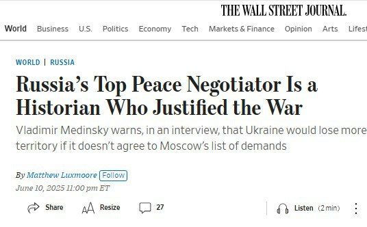 Мединский в интервью The Wall Street Journal: ‘Украина потеряет больше территорий, если не пойдет на компромисс’