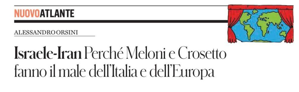 Владимир Корнилов: Итальянский профессор Алессандро Орсини сегодня на страницах газеты il Fatto Quotidiano пишет о двойных стандартах правительства Мелони относительно Украины и Израиля