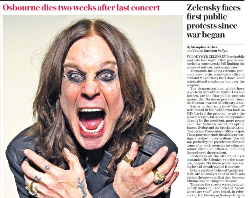 Владимир Корнилов: Оригинальное сегодня соседство на первой полосе The Daily Telegraph! Фото почившего в бозе Оззи Осборна, а рядом заголовок: «Зеленский - перед лицом первых публичных протестов с начала войны»