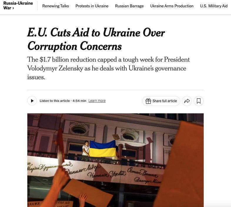 Евгений Лисицын: The New York Times: Запад разочаровывается в зеленском из-за «борьбы с коррупцией»