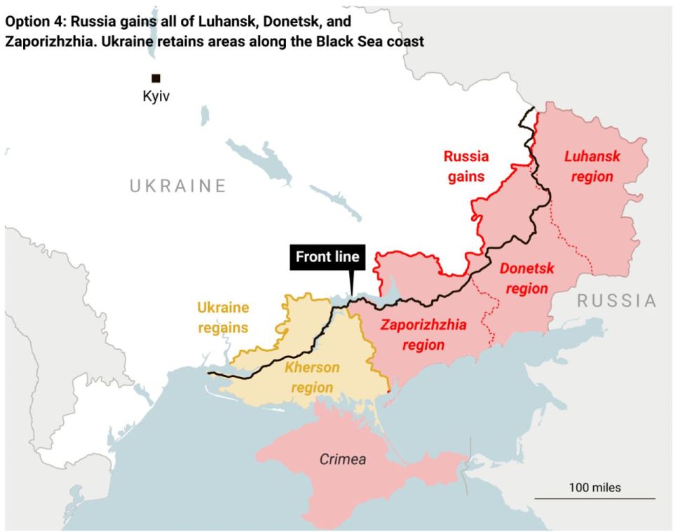 Владимир Корнилов: После того, как Трамп заявил о том, что вернет Украине ее «побережье на океане», The Times тут же среди возможных опций переговоров нарисовала эту карту: Россия оставляет за собой четыре региона, но...