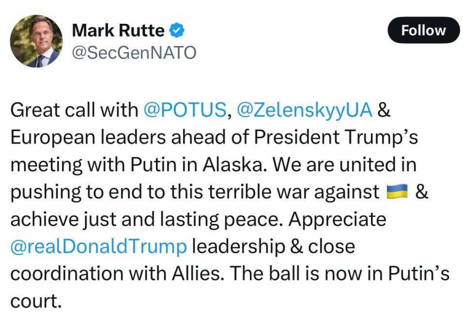 Генеральный секретарь НАТО Марк Рютте заявил, что теперь «мяч на стороне Путина»