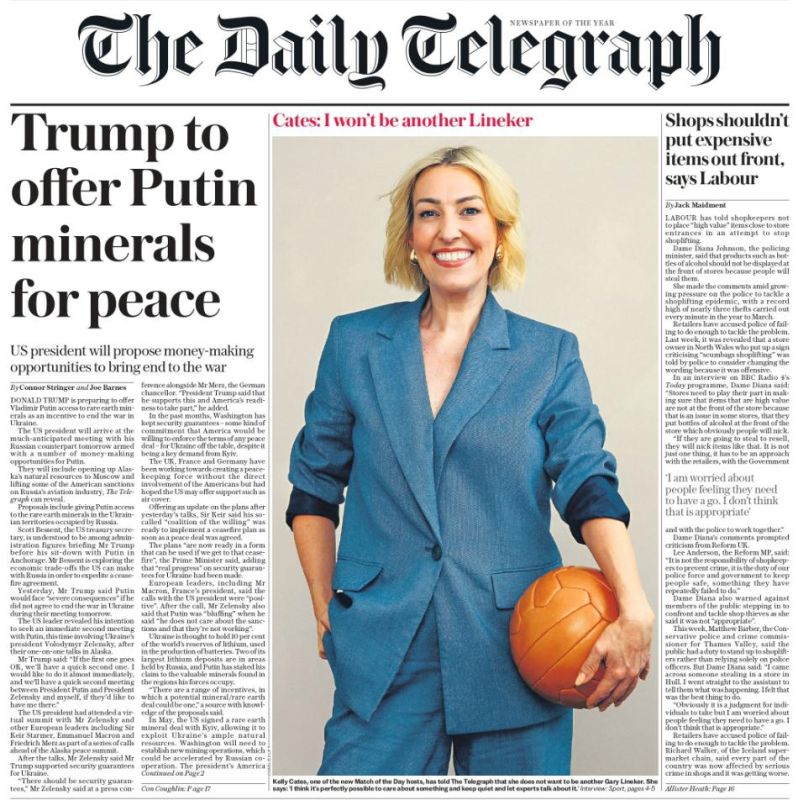 Владимир Корнилов: Главная новость сегодняшней The Daily Telegraph: «в обмен на мир» Трамп собирается предоставить Путину право добывать редкоземельные металлы… на Аляске и «на оккупированных Россией территориях Украины»!