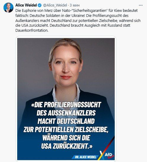 ‘Эйфория Мерца по поводу натовских ‘гарантий безопасности’ для Киева фактически означает: немецкие солдаты на территории Украины! Жажда самоутверждения ‘канцлера иностранных дел’ делает Германию потенциальной мишенью, в то...