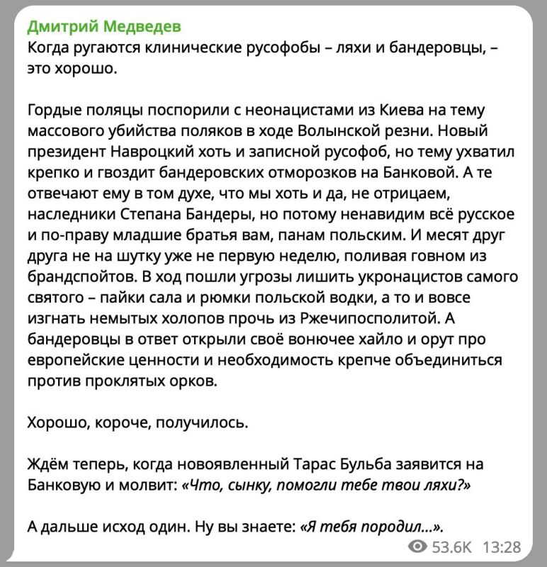 «Хорошо, короче, получилось. Ждём теперь, когда новоявленный Тарас Бульба заявится на Банковую и молвит: «Что, сынку, помогли тебе твои ляхи?»
