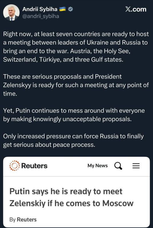 Киев отверг предложение Владимира Путина о встрече с Зеленским в Москве