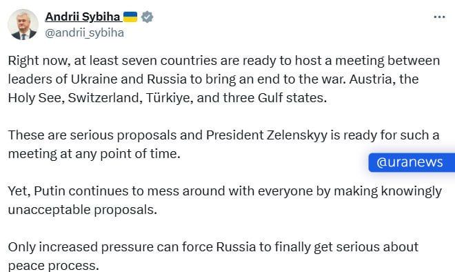 Где Зеленский готов встретиться с Путиным? Глава МИД Украины Сибига назвал ряд стран, которые, по мнению Киева, подходят для переговоров