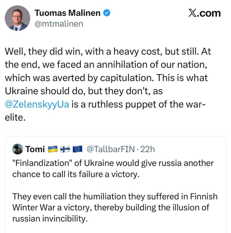 Геополитический аналитик и профессор Туомас Малинен сравнил судьбу Украины с опытом Финляндии во время Зимней войны