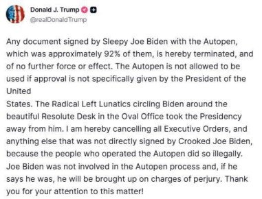 Валентин Богданов: Трамп заявил, что отменяет все указы (Executive Orders) Байдена, подписанные «автопеном»