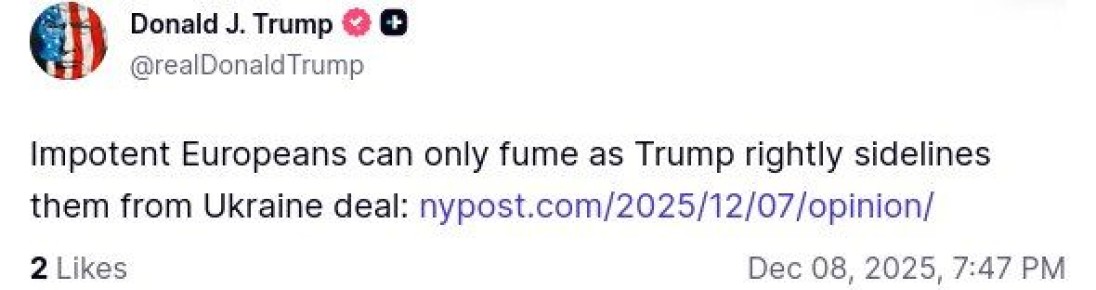 «Импотентные европейцы могут только злиться, пока Трамп справедливо отодвигает их в сторону от соглашения по Украине»