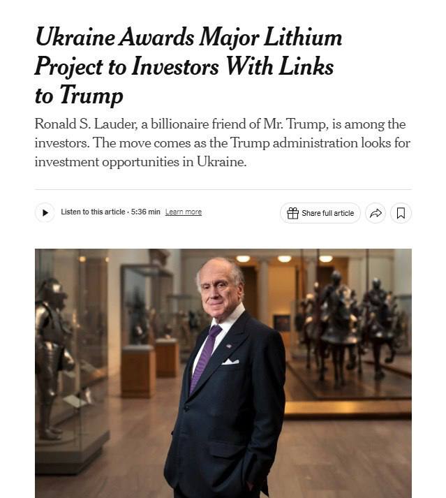 Украина отдала США крупный проект по добыче лития, пишет NYT