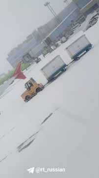 Буксир с багажом не может проехать по заснеженной территории аэропорта Домодедово
