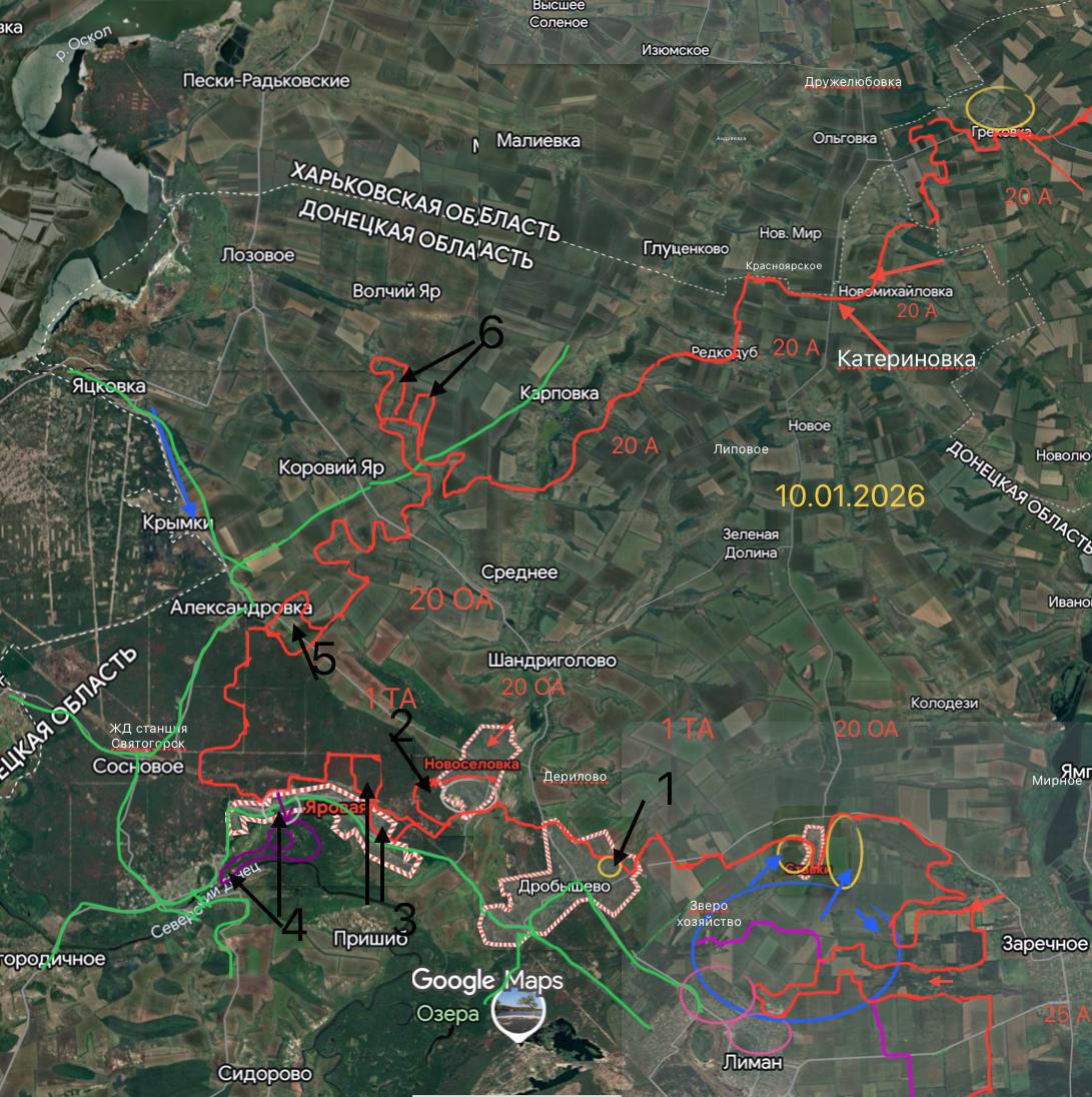 Красно-Лиманский Фронт. Участок Гвардейцев 20 ОА, 1 ТА Гвардейцы стараются развить наступление в н.п. Дробышево, противник оказывает огневое противодействие с Пришиба; Расширили территорию в лесном массиве и убрана серая...