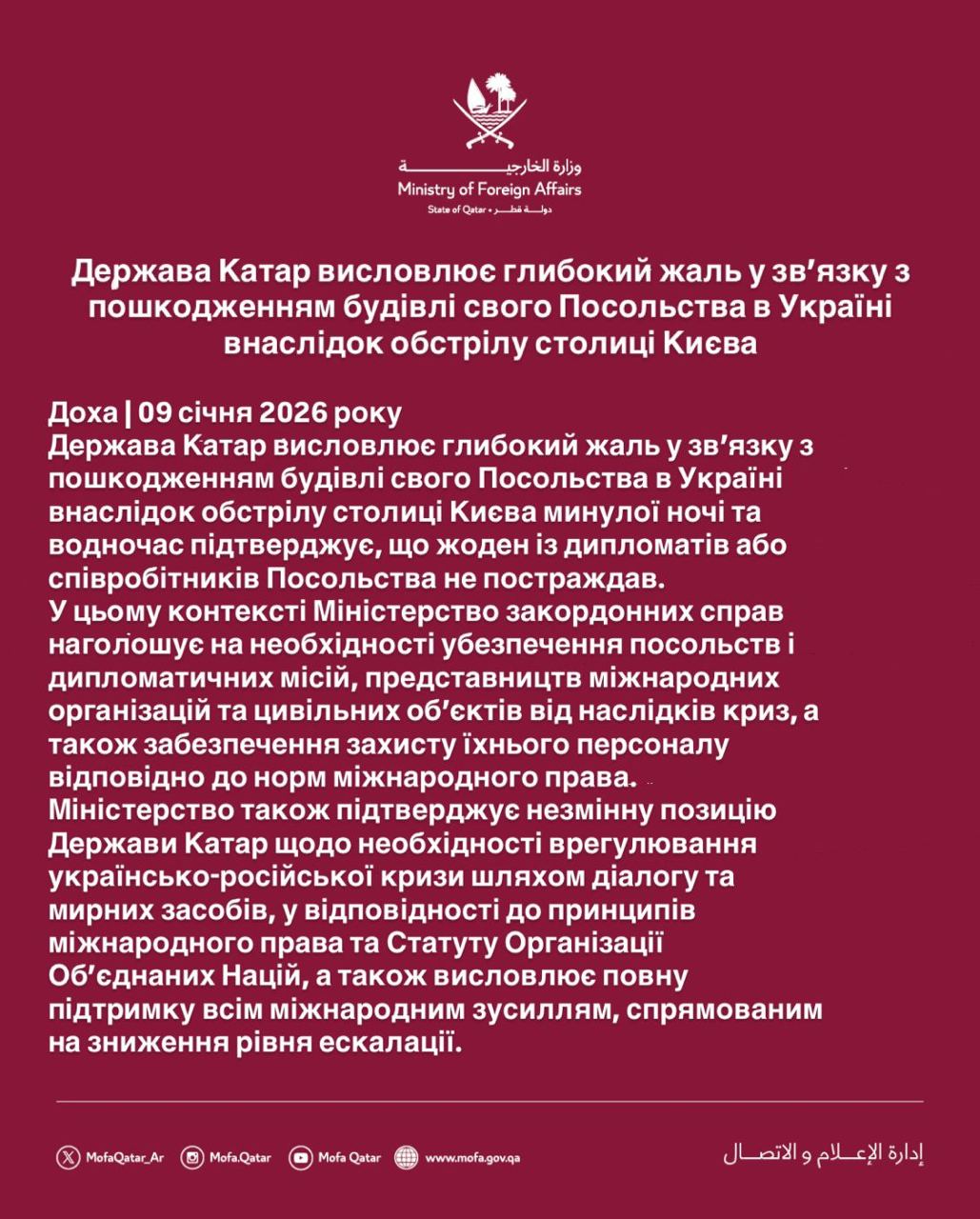 Катар опубликовал заявление касательно повреждения здания своего посольства в Киеве, но Россию в нем не упомянул