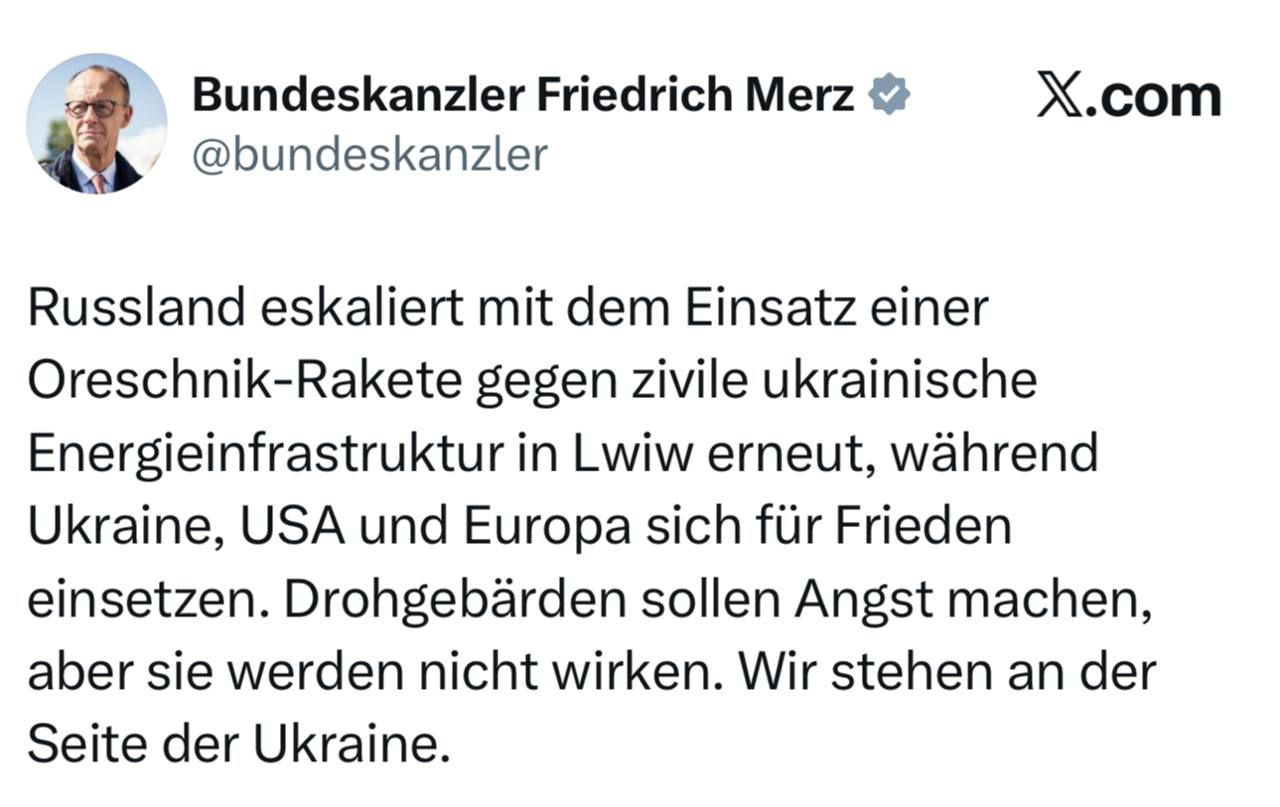 Россия вновь добивается эскалации, применив ракету «Орешник» против гражданской украинской энергетической инфраструктуры во Львове, в то время как Украина, США и Европа работают над установлением мира