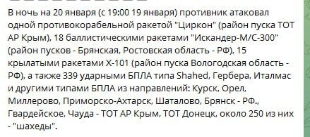 Ночной прогрев от России.. Петушиные силы Украины сообщают, что в ходе сегодняшней атаки были применены 18 искандеров и ракет С-300, более трех сотен БПЛА, 11 крылатых ракет Х-101, а также по Виннице прилетел Циркон из Крыма