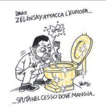 Владимир Корнилов: Итальянская газета il Fatto Quotidiano лучше всех проиллюстрировала хамскую речь Зеленского в Давосе: «Зеленский атакует Европу… И плюет в унитаз, из которого ест»