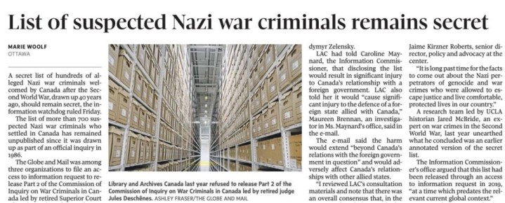 Владимир Корнилов: Газета The Globe and Mail сообщает, что правительство Канады отказалось обнародовать список сотен украинских нацистских преступников, осевших в этой стране после Второй Мировой войны