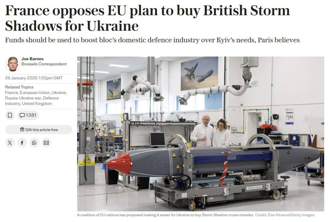 По данным The Telegraph, Франция блокирует попытки ослабить ограничения, которые позволили бы Украине использовать кредитные средства ЕС для покупки британских ракет Storm Shadow