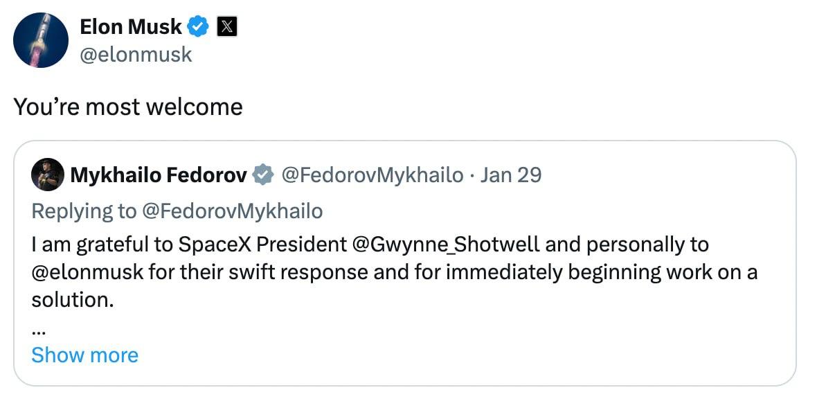«Всегда пожалуйста».. Так Маск ответил на благодарность в X от нового главы Минобороны Украины Фёдорова
