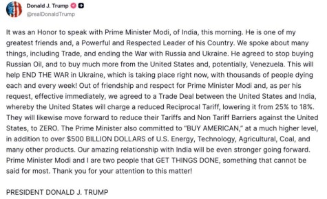 Трамп заявил, что премьер-министр Индии согласился прекратить закупки российской нефти