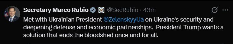 Госсекретарь США Марко Рубио сообщил, что у него состоялась встреча с Зеленским