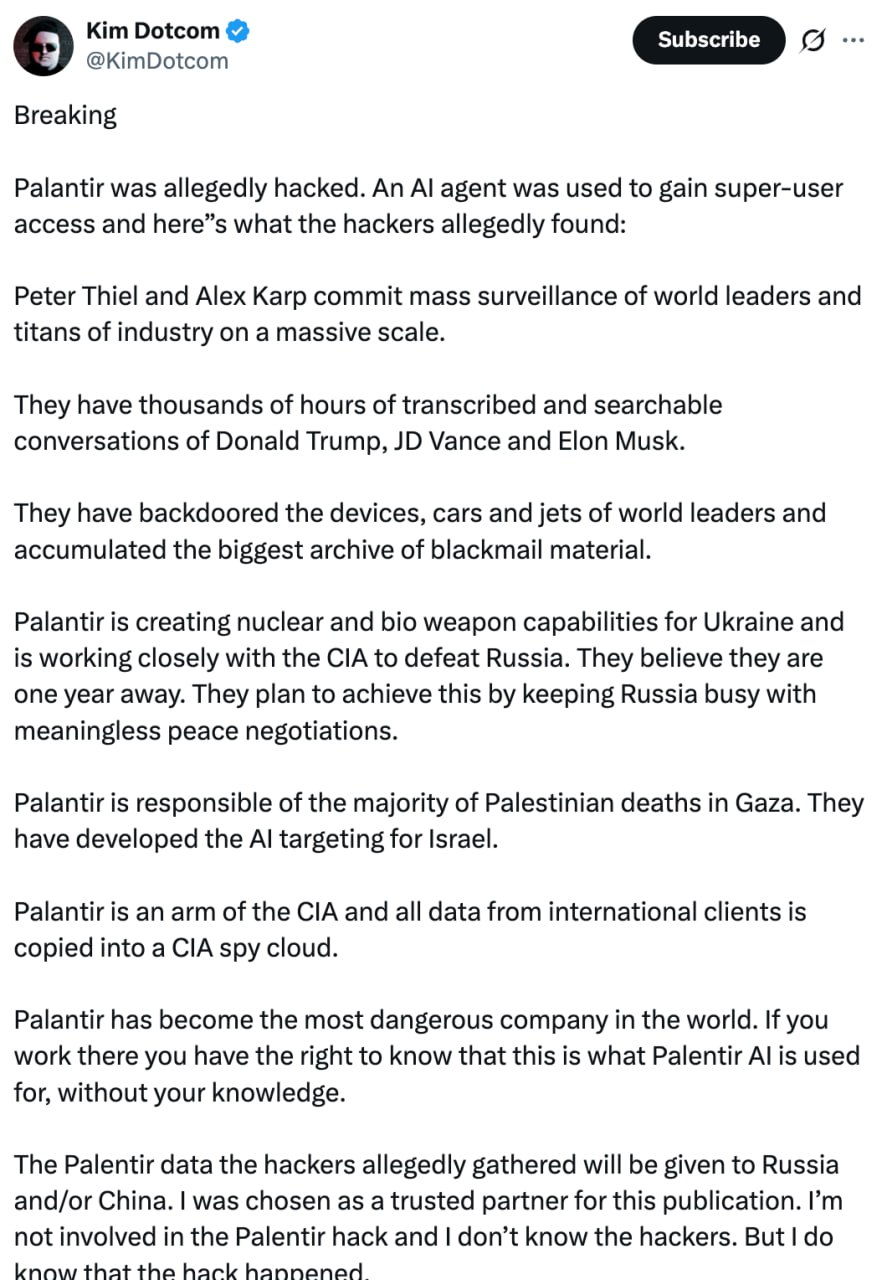 Известный блогер Ким Дотком заявил о взломе Palantir Technologies — компании, разрабатывающей ПО для разведки и анализа больших данных