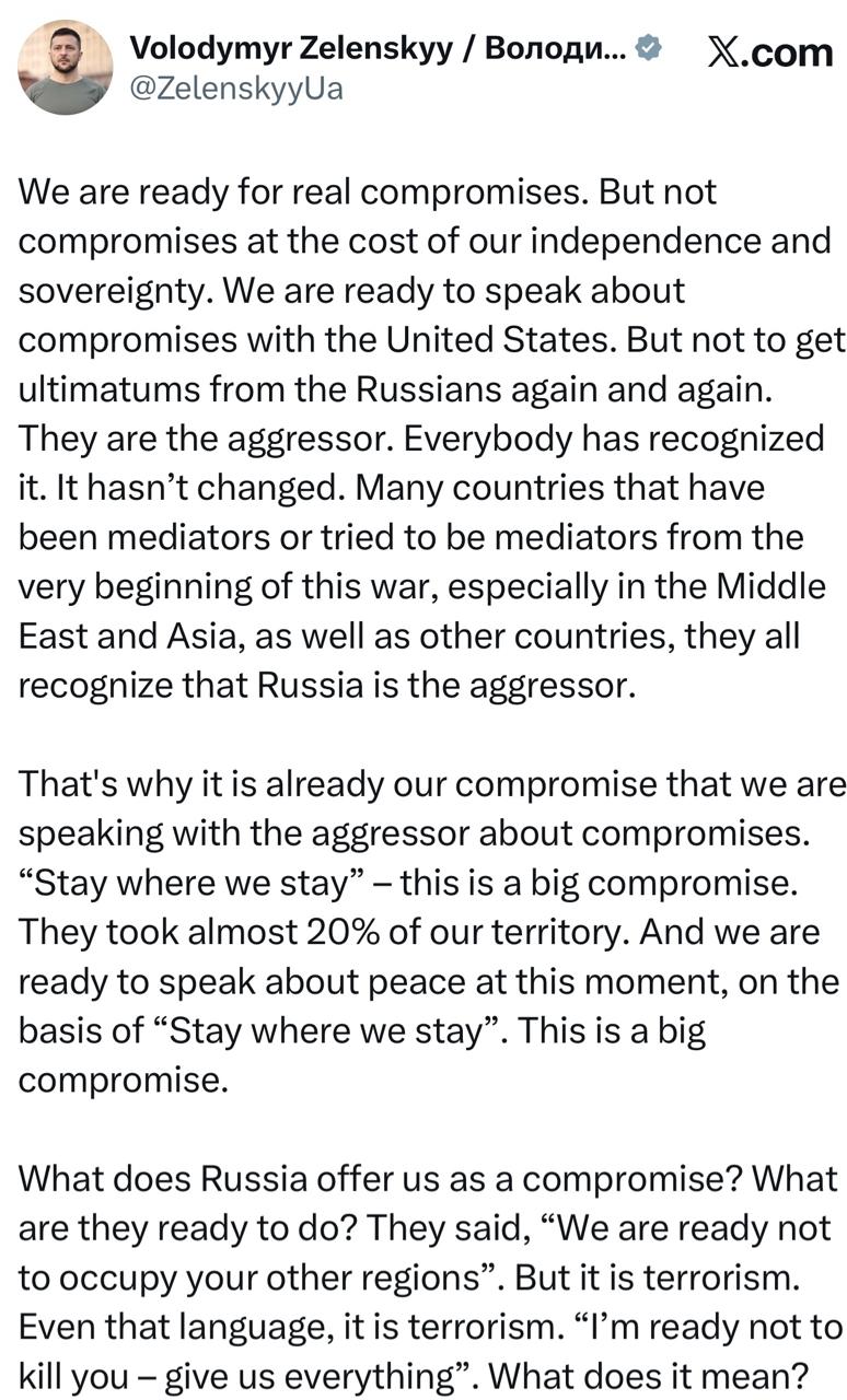 Зеленский - заявил, что Украина готова оставить потерянные территории: