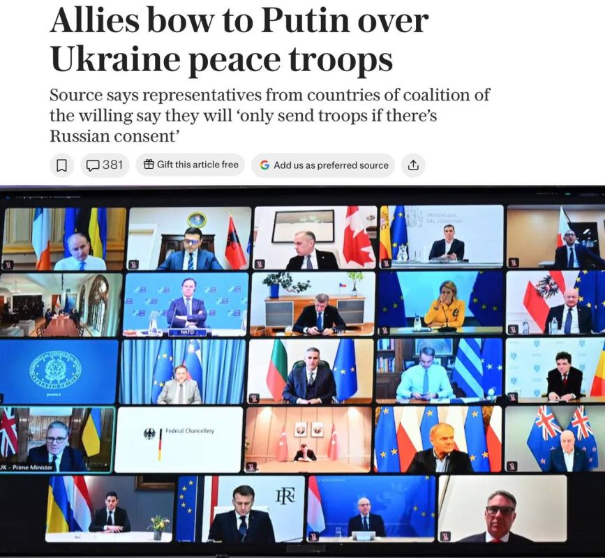 Владимир Корнилов: The Daily Telegraph скулит сегодня: многочисленные высокопоставленные источники из стран «коалиции желающих» признают, что ввод войск на Украину в случае перемирия «зависит от воли Путина»! Вот цитирую...