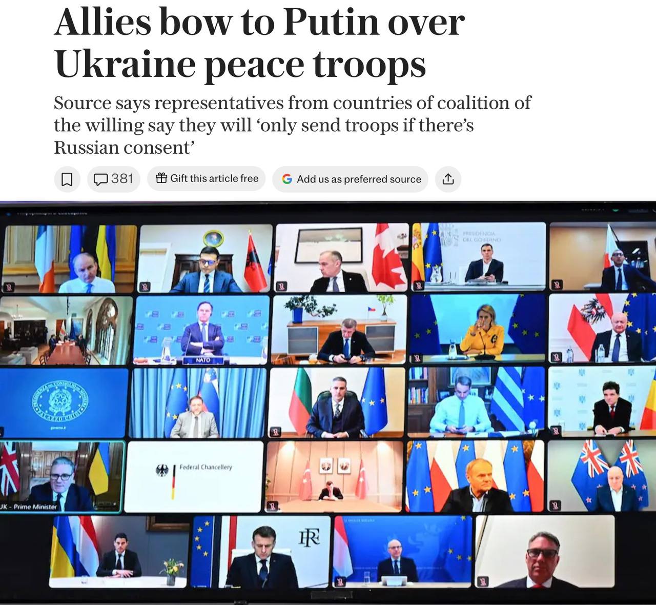 Владимир Корнилов: The Daily Telegraph скулит сегодня: многочисленные высокопоставленные источники из стран «коалиции желающих» признают, что ввод войск на Украину в случае перемирия «зависит от воли Путина»! Вот цитирую...