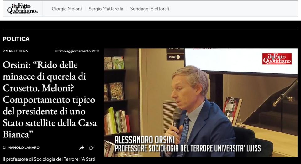 Владимир Корнилов: В Италии большой скандал. Министр обороны этой страны Гвидо Крозетто публично заявил, что подает иск против известного политолога Алессандро Орсини за то, что тот назвал Крозетто также несущим...