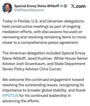Уиткофф - сообщил о конструктивных переговорах с украинской делегацией: