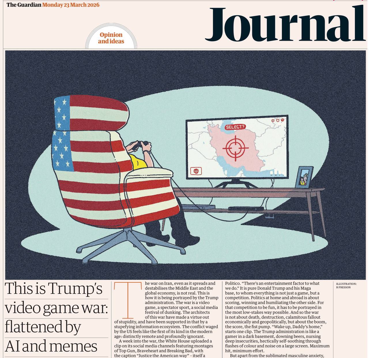 Владимир Корнилов: The Guardian жутко возмущается тем, что для Трампа война в Иране - это всего лишь видеоигра с кучей мемов и смешных роликов