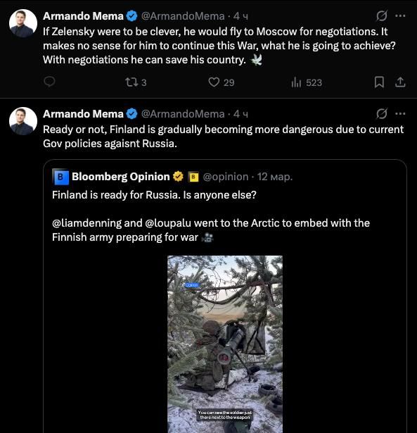 «Если бы Зеленский был умён, он бы полетел в Москву на переговоры», — финский политик Армандо Мема