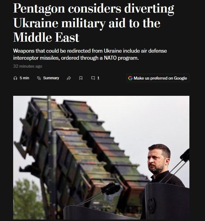 Пентагон может перенаправить часть военной помощи, предназначенной для Украины, на Ближний Восток, пишет WP